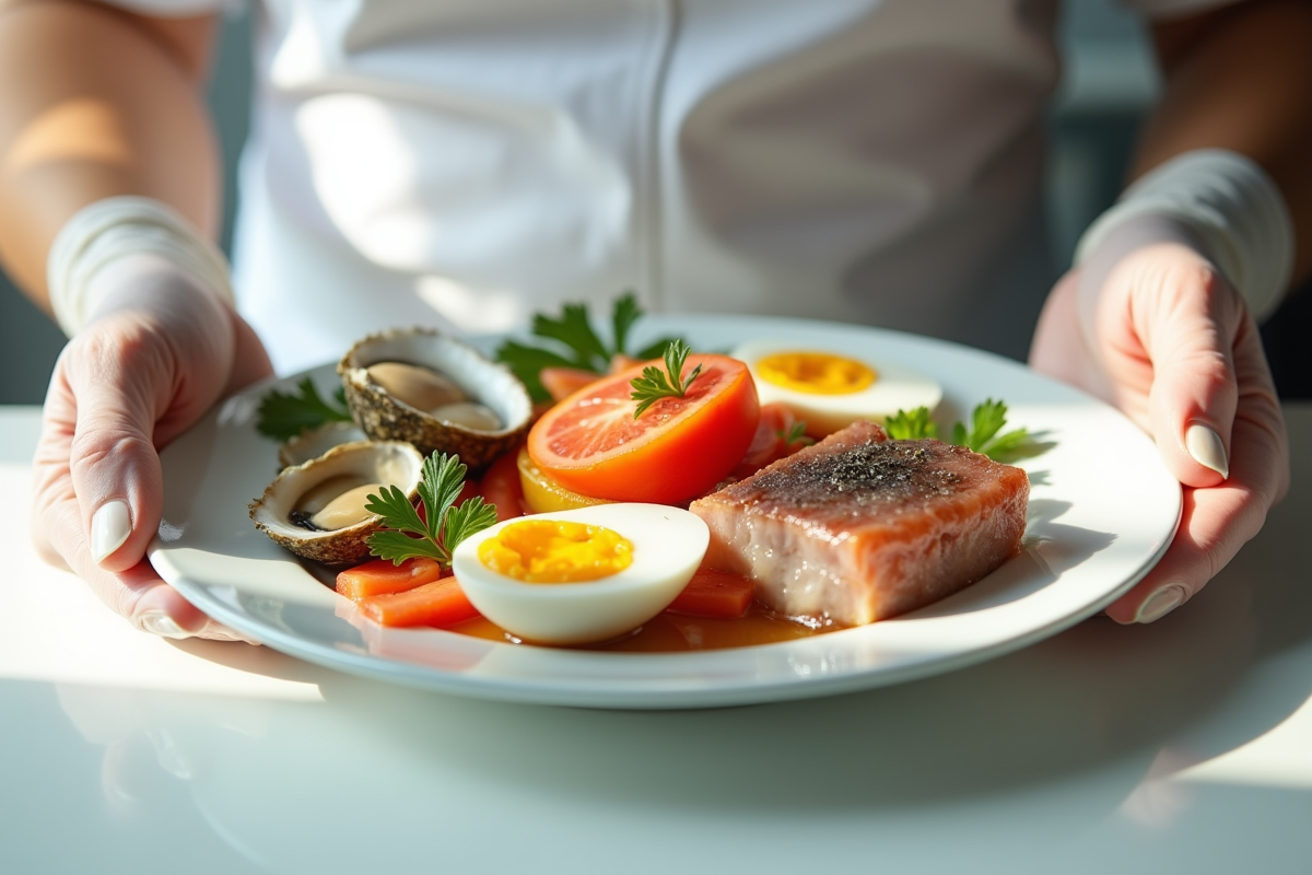 Mains en gants préparant une assiette d aliments crus colorés