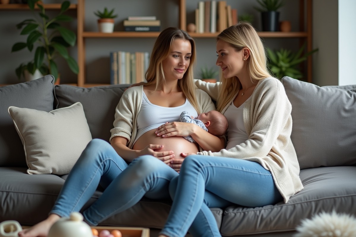 Maman et partenaire dans un salon moderne avec bébé