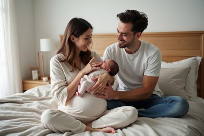 Jeune maman avec bébé dans un lit apaisant