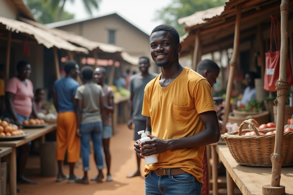 Jeune homme appliquant gel hydroalcoolique au marché