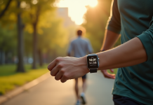 Personne marchant dans un parc urbain au matin avec montre connectee