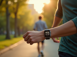 L’intérêt de calculer vos 25 000 pas en kilomètres pour votre santé Personne marchant dans un parc urbain au matin avec montre connectee