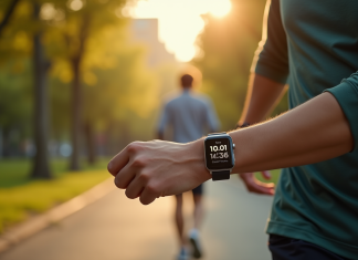 L’intérêt de calculer vos 25 000 pas en kilomètres pour votre santé Personne marchant dans un parc urbain au matin avec montre connectee