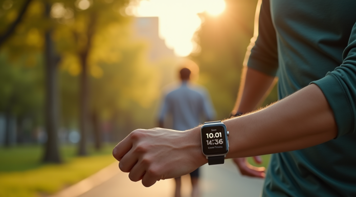 Personne marchant dans un parc urbain au matin avec montre connectee