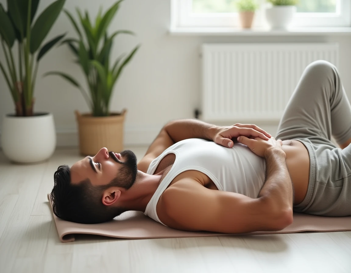 Homme pratiquant un massage abdominal doux comme remède contre la constipation et les selles coincées