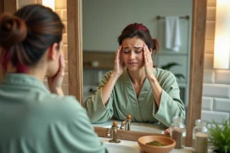 Femme aux cheveux teintés au henné se massant les tempes en raison de maux de tête liés à la coloration végétale