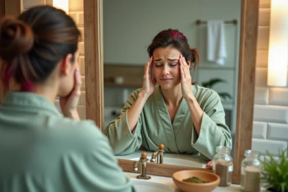 Femme aux cheveux teintés au henné se massant les tempes en raison de maux de tête liés à la coloration végétale