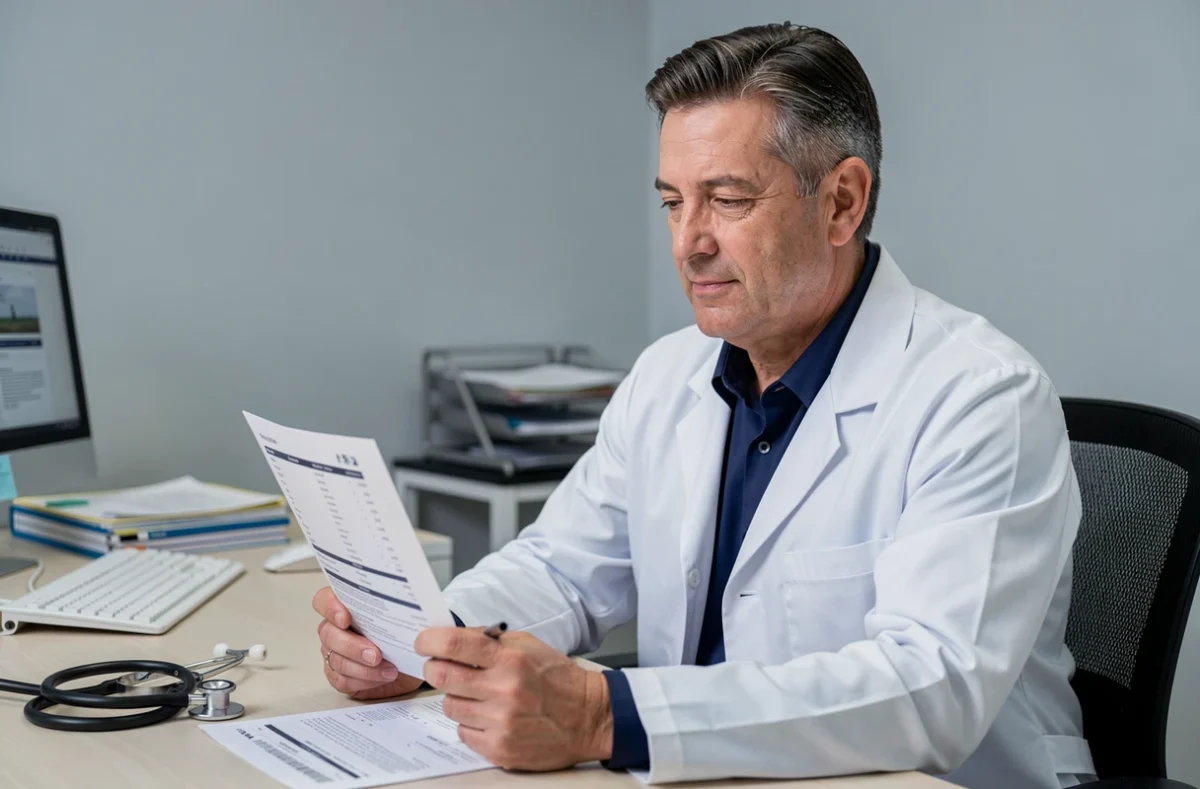 Médecin analysant un bilan sanguin de vitamine B12 dans un cabinet médical