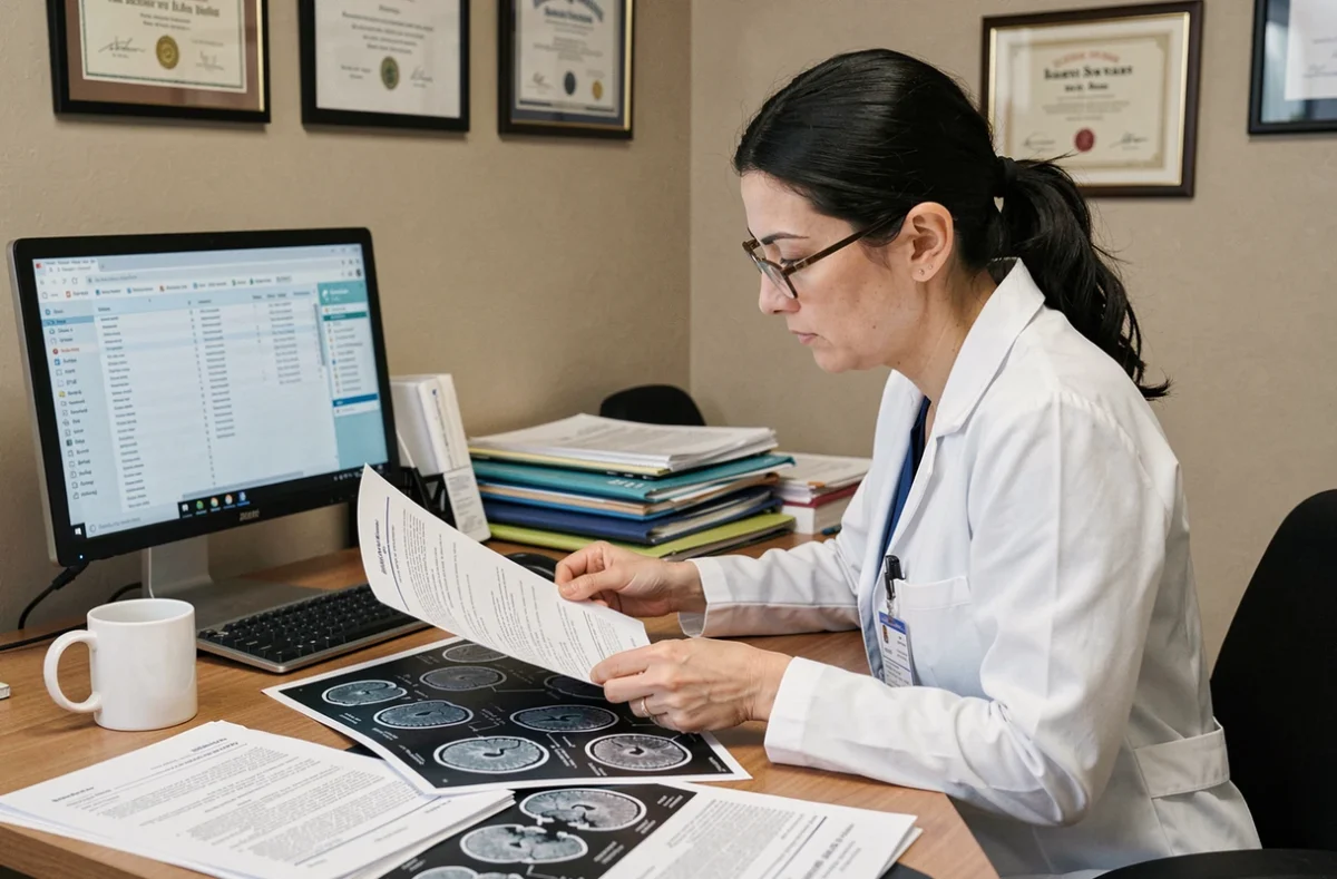 Médecin généraliste analysant des documents médicaux liés à l'anosognosie lors d'une évaluation clinique