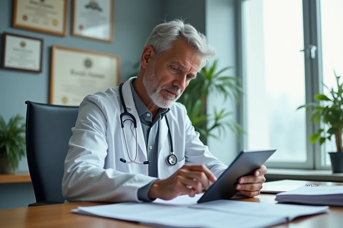 Médecin généraliste analysant des données cliniques sur le complément alimentaire Floravia Nutrisolution dans son cabinet