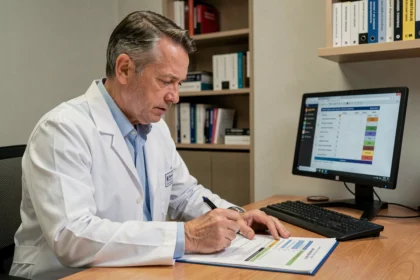 Médecin gastro-entérologue analysant des résultats de laboratoire sur la bilirubine directe conjuguée dans un bureau hospitalier moderne