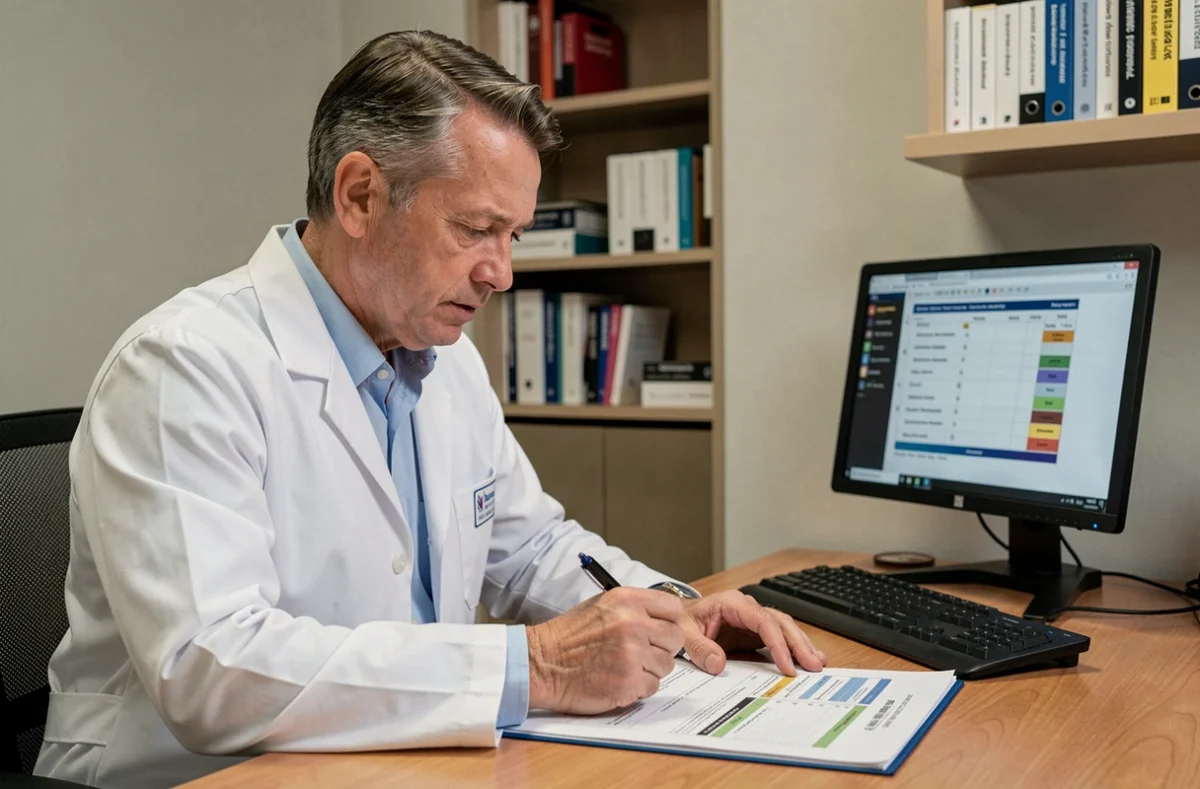 Médecin gastro-entérologue analysant des résultats de laboratoire sur la bilirubine directe conjuguée dans un bureau hospitalier moderne