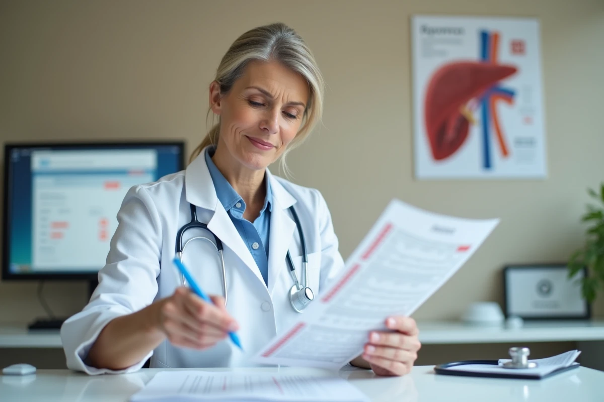 Médecin féminine examinant des résultats d'analyses sanguines montrant des transaminases SGPT élevées dans un cabinet médical