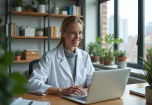 Prescription en ligne : un médecin virtuel peut-il prescrire ? Medecin femme en blouse blanche dans un bureau moderne