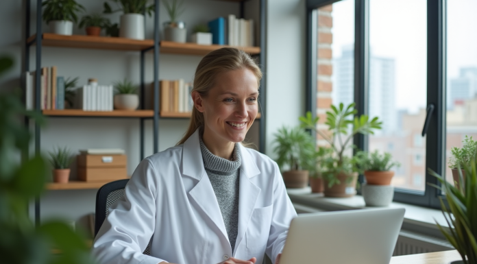 Medecin femme en blouse blanche dans un bureau moderne
