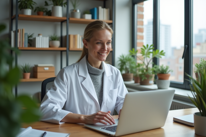 medecin-femme-bureau-modern Medecin femme en blouse blanche dans un bureau moderne