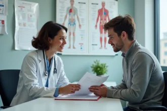 Medecin femme discutant d un dossier avec un patient jeune