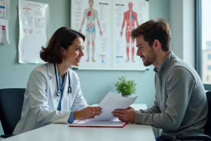 Medecin femme discutant d un dossier avec un patient jeune