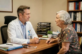 Médecin généraliste en consultation avec une patiente âgée, illustrant l'approche clinique de l'anosognosie