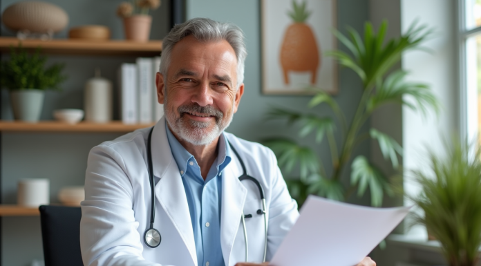 Médecin généraliste souriant dans son cabinet chaleureux