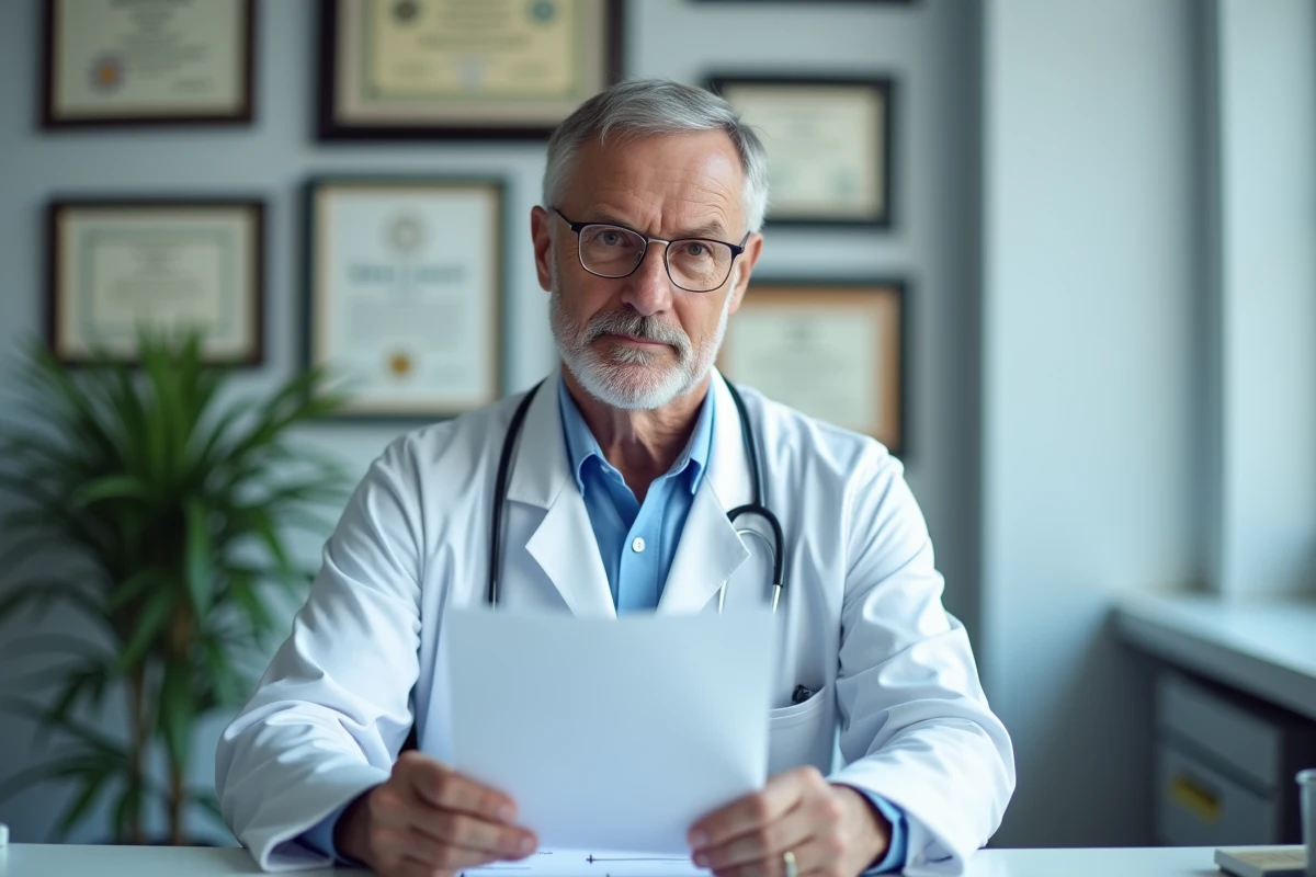 Médecin généraliste consultant un dossier médical lié à une prescription de Levothyrox dans son cabinet