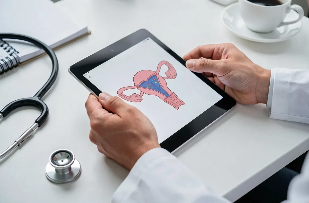 Médecin tenant une tablette affichant un schéma de stérilet DIU lors d'une consultation gynécologique