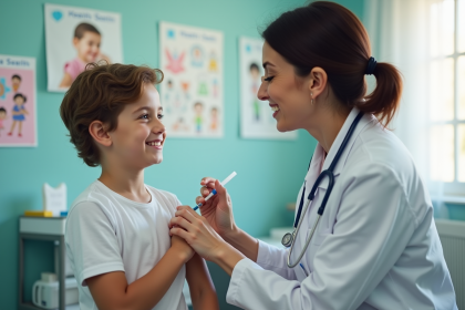 Medecin en train de vacciner un enfant souriant dans une clinique