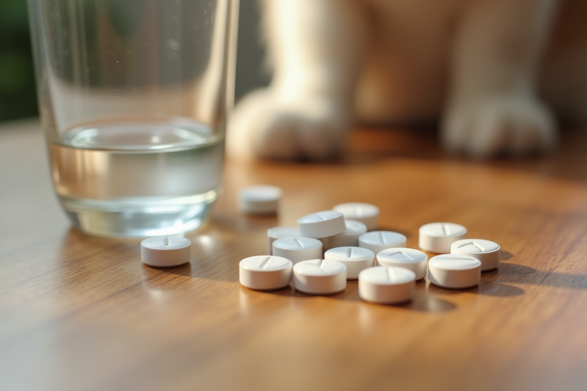 Tablettes contre allergies et patte de chat sur la table