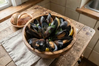 Bol de moules fraîches cuites à la vapeur sur une table en bois rustique, garni de persil et de citron, illustration des bienfaits nutritionnels des moules pour la santé