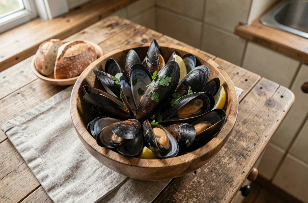 Bol de moules fraîches cuites à la vapeur sur une table en bois rustique, garni de persil et de citron, illustration des bienfaits nutritionnels des moules pour la santé