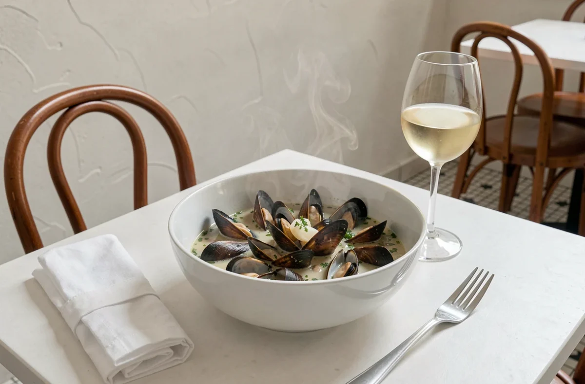 Bol de moules marinières servies dans un restaurant bistrot moderne avec un verre de vin blanc, illustrant un repas sain et les bienfaits nutritionnels des moules