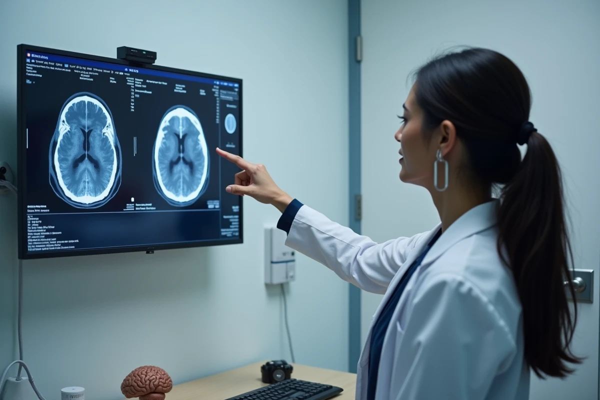 Neurologue expliquant un hypersignal visible sur une IRM cérébrale à son patient devant un écran médical