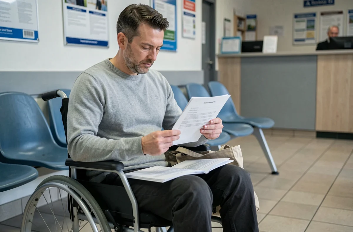 Homme en fauteuil roulant lisant une notification de décision CDAPH dans la salle d'attente d'un établissement public