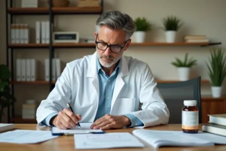 Nutritionniste analysant la composition d'un complément alimentaire Indiva System à son bureau avec des fiches nutritionnelles