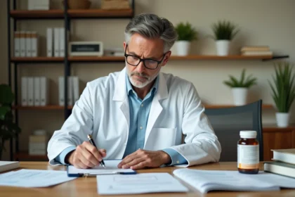 Nutritionniste analysant la composition d'un complément alimentaire Indiva System à son bureau avec des fiches nutritionnelles
