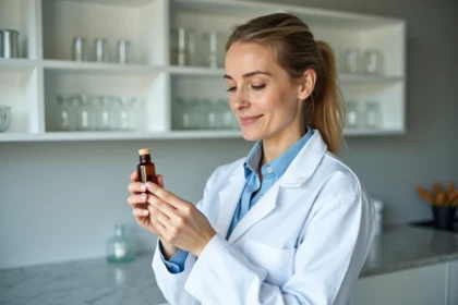Nutritionniste analysant un flacon de supplément postbiotique en laboratoire