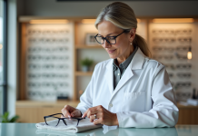 Opticienne en blouse blanche polissant des lunettes