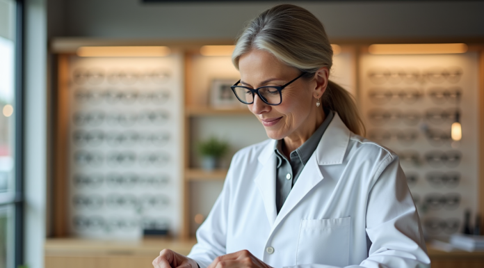Opticienne en blouse blanche polissant des lunettes