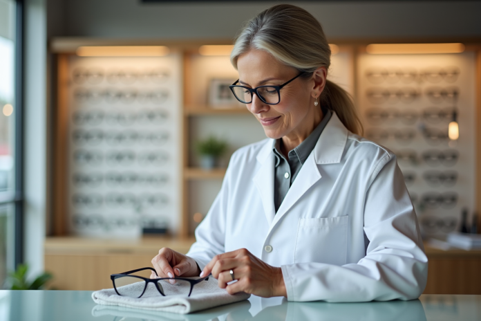 Opticienne en blouse blanche polissant des lunettes