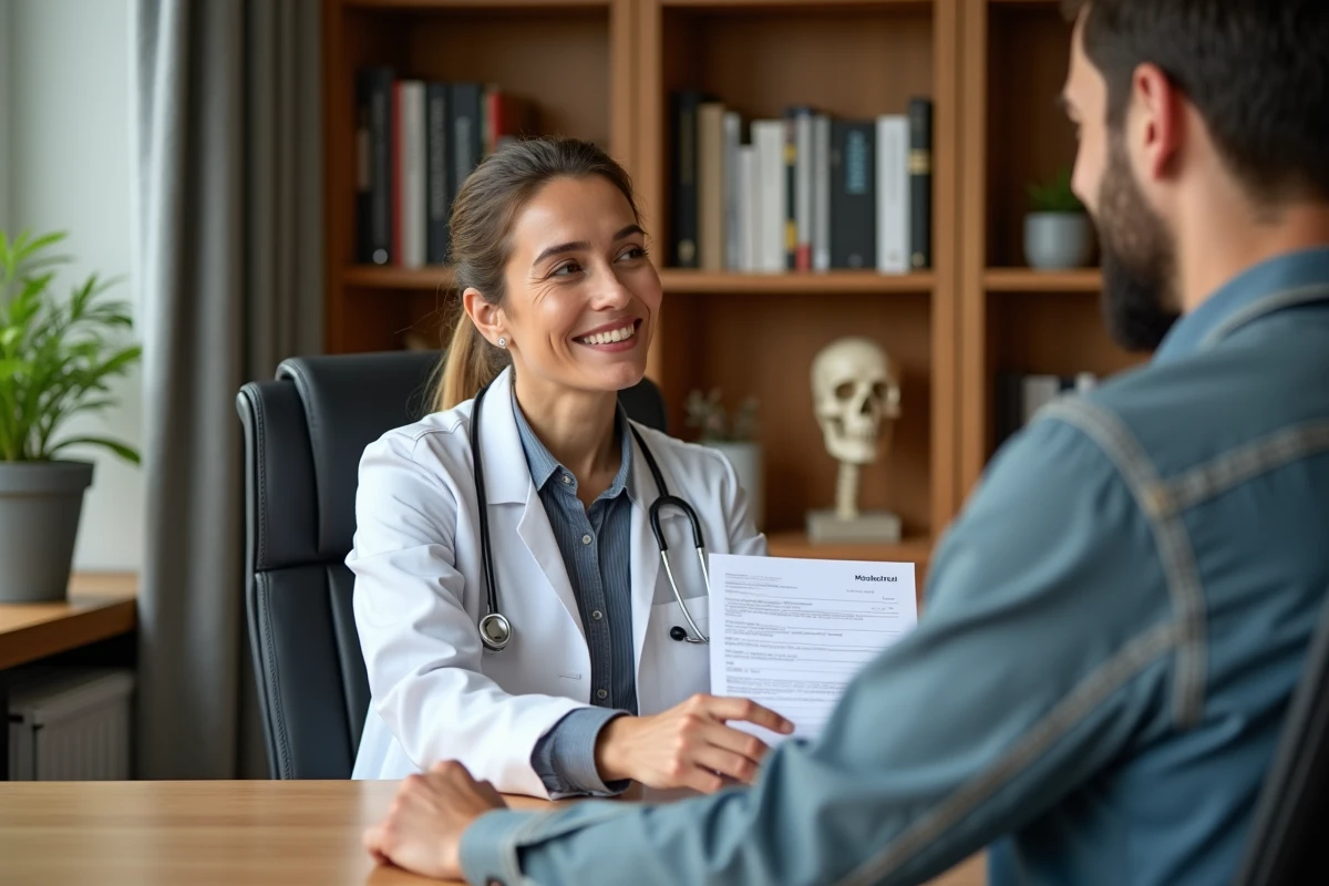 Médecin remettant une ordonnance de radiographie à un ouvrier blessé lors d'un accident de travail en consultation