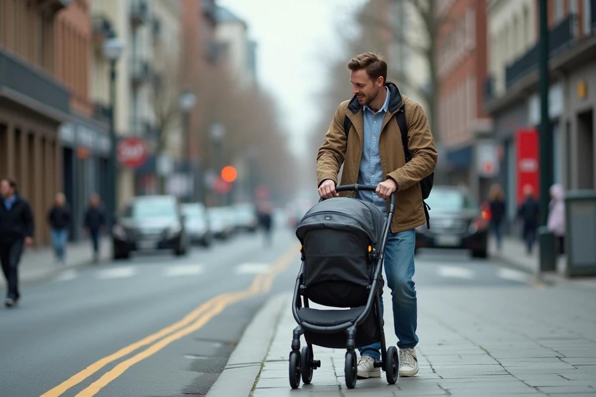 Père avec poussette dans une rue urbaine animée