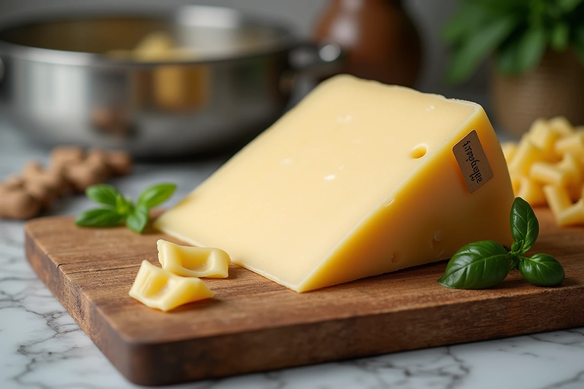 Wedge de parmesan pasteurisé sur une planche en bois avec étiquette lait pasteurisé et herbes fraîches