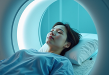 Patient allongé dans un scanner IRM visage calme dans une salle lumineuse