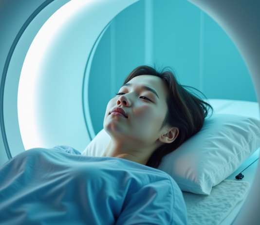 IRM : identifier une maladie neurologique invisible Patient allongé dans un scanner IRM visage calme dans une salle lumineuse