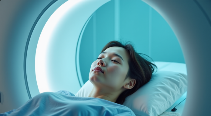 Patient allongé dans un scanner IRM visage calme dans une salle lumineuse