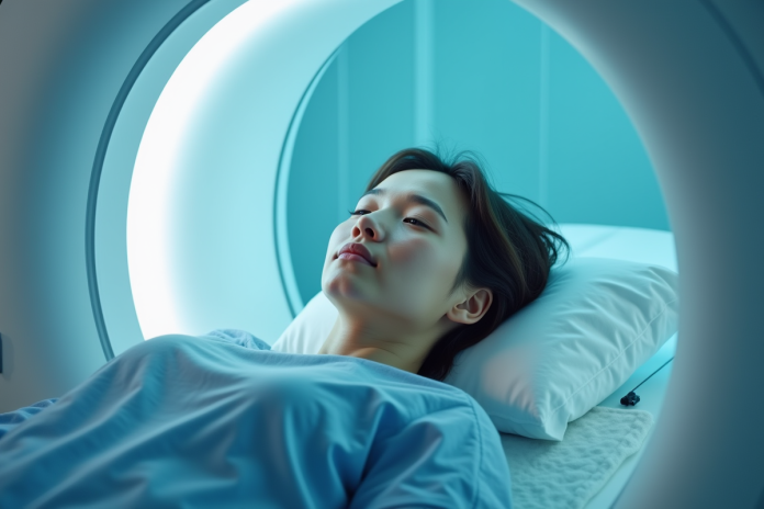 Patient allongé dans un scanner IRM visage calme dans une salle lumineuse