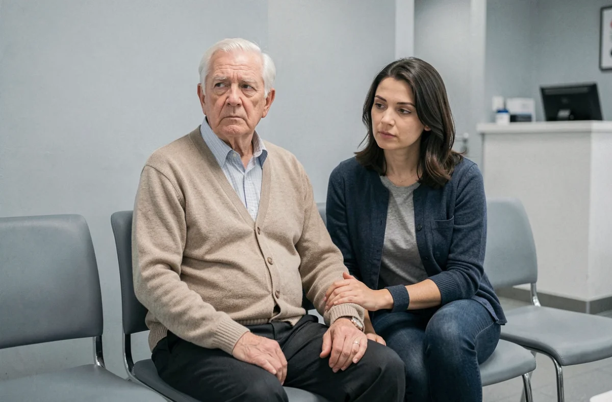 Patient âgé accompagné de sa fille en salle d'attente médicale, évoquant la prise en charge de l'anosognosie par le médecin traitant