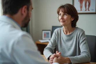 Patiente discutant d'un hypersignal IRM avec son neurologue lors d'une consultation médicale