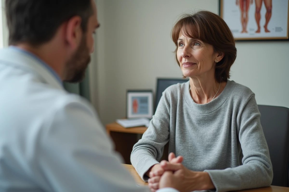 Patiente discutant d'un hypersignal IRM avec son neurologue lors d'une consultation médicale