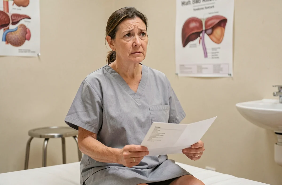 Patiente en consultation médicale tenant ses résultats d'analyse de bilirubine directe dans une salle d'examen clinique